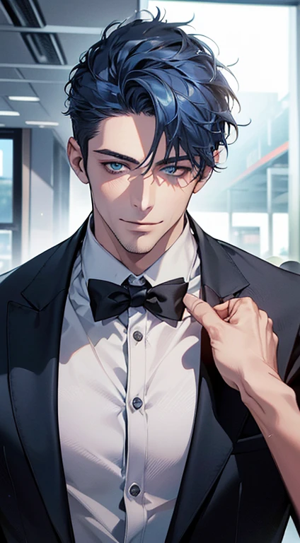 (best quality,4k,8k,highres,masterpiece:1.2),ultra-detailed,(realistic,photorealistic,photo-realistic:1.37),1 man,31 years old,mature man,very handsome,without expression,smile,short blue hair,blue eyes,penetrating gaze,perfect face without errors,imposing posture,businessman,office background,cinematic lighting,hdr image