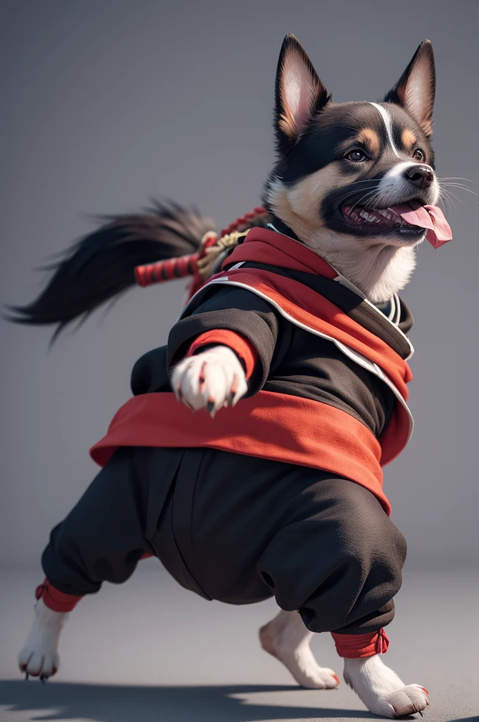 A samurai dog with clothes and everything, in 3D format in an attack pose