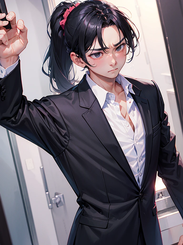 Shibuya、Black Hair、ponytail、Wearing a suit、Unbuttoning his shirt、Embarrassed look