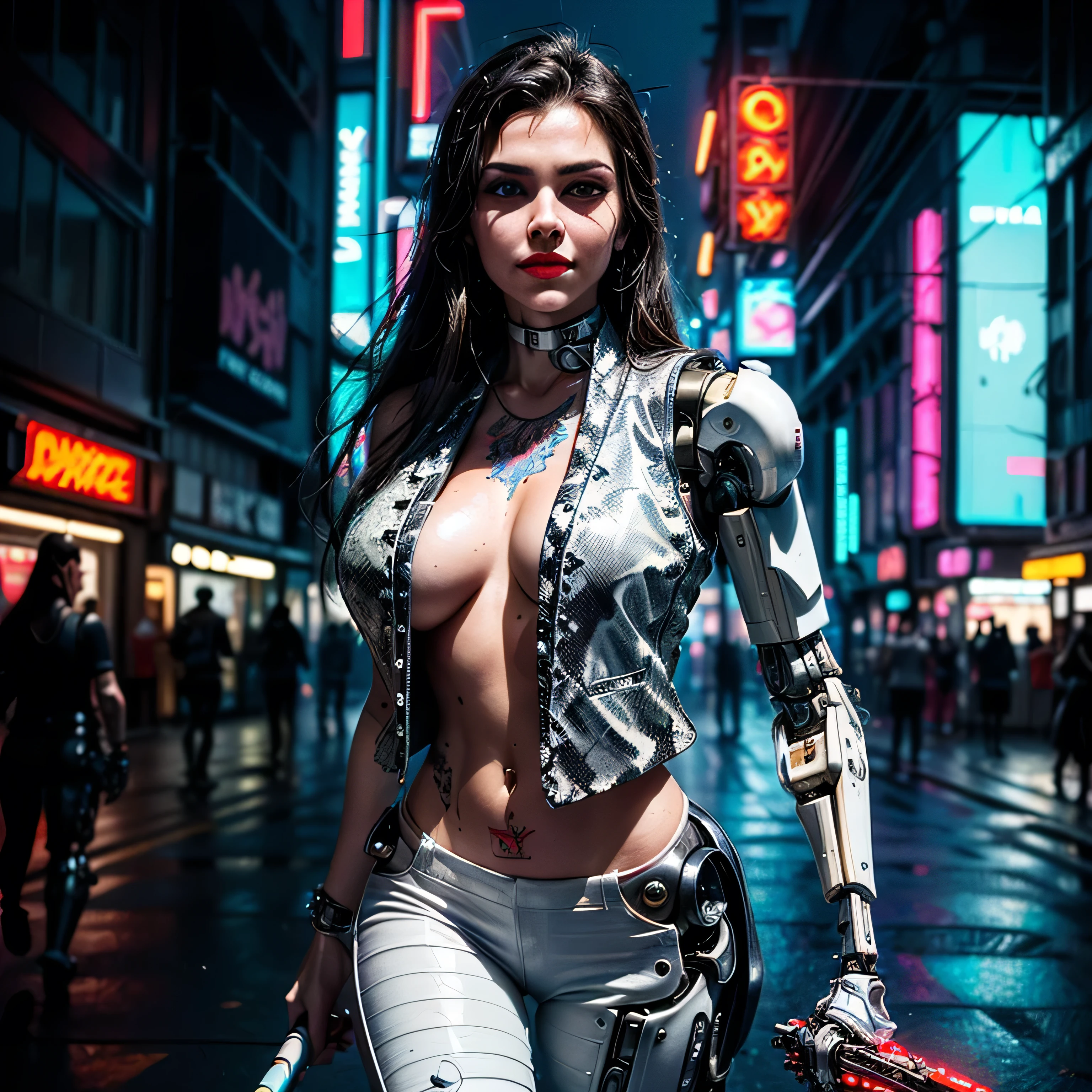 (masterpiece, photorealistic:1.4, extremely intricate:1.3), (photon mapping, radiosity, physically based rendering, ultra resolution, hyper-realistic, 8K), (((((teenage female, [bodybuilder:supermodel:0.4], [large breasts:huge breasts:0.3], chrome rivets, ((white snakeskin leather vest, upper torso, humid, playful, mechanical cyborg arm, weapon), topless)), smirking, tattoo:1.4, 19 years old, elegant:1.2)), hands in white leather pants pockets, long eyelashes, ((makeup:1.2, red lips)), [skin detail:freckles:0.8]), (((((background futuristic neon cyberpunk city street cyberpunk))))) professional photograph, (((long straight hair [black hair:bright orange hair:0.8])))), BREAK ((sharp focus, dramatic, award winning, cinematic), bokeh, blurry background, interaction, metal reflections), bright eyes