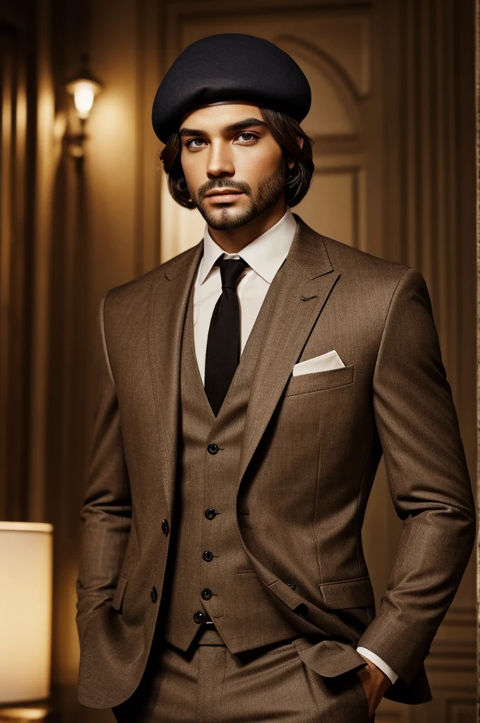 Create a man with light eyes with an elegant suit and a brown beret who looks like a murderer