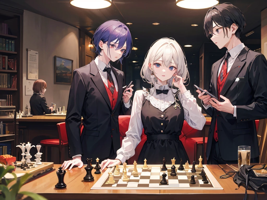 3Two men and one woman are studying chess night