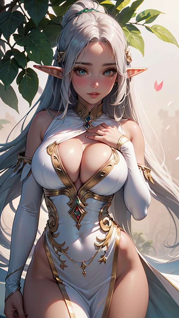 ((elf girl)), (flushed white skin) ,(((very extra long hair))) ,Platinum hair, silver hair,leaf clothing, ((( wearing a long flowered dress)))
break,
work of art, best qualityer, Ultra-precise representation, Ultra-detailed representation, offcial art,high resolution,
break,
(Extremely beautiful face),(high-detailed face),beautiful detailed eyes, Detailed lashes,(shining skin), make up,(erotic blushing face),
break,
whole body, ((slim toned body)),beautiful ass, Toned buttocks, Nice legs,
break,
(((beautiful hands, perfect hands))),
((very beautiful big breast)),
break,
gazing at viewer,
break,
(dynamic background), (((clothing themed background))) sfw