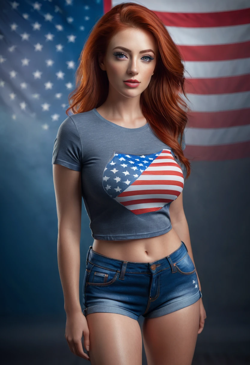 a redheaded woman with large breasts, wearing a tight blue denim shorts and a tight t-shirt with a US flag print, walking towards the camera, looking at the viewer, (best quality,4k,8k,highres,masterpiece:1.2),ultra-detailed,(realistic,photorealistic,photo-realistic:1.37),detailed eyes,detailed lips,extremely detailed face,long eyelashes,beautiful woman,full body shot,sexy pose,patriotic,vibrant colors,dramatic lighting,cinematic,high contrast