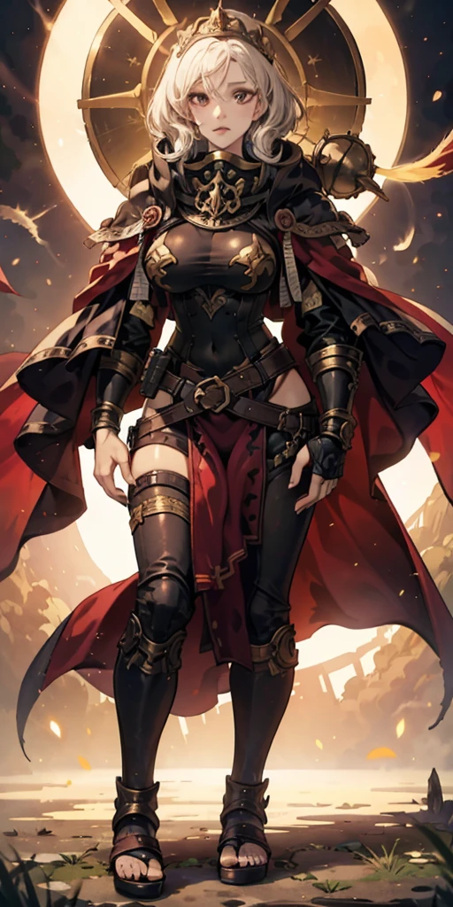 female pale skin full body whole body 1sologirl standing loincloth warrior proud expression, hands on the hips, standing loincloth, hands on the hips, metal sandals, leather choker with golden bell navel, leather corset, big belt, View from below, Feet together, Bracers, tiara