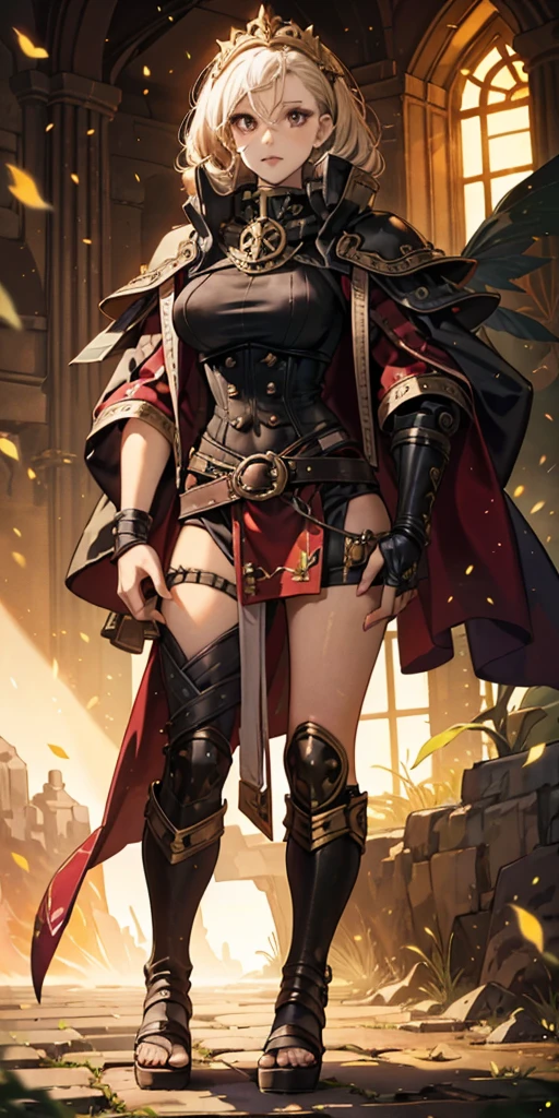 female pale skin full body whole body 1sologirl standing loincloth warrior proud expression, hands on the hips, standing loincloth, hands on the hips, metal sandals, leather choker with golden bell navel, leather corset, big belt, View from below, Feet together, Bracers, tiara