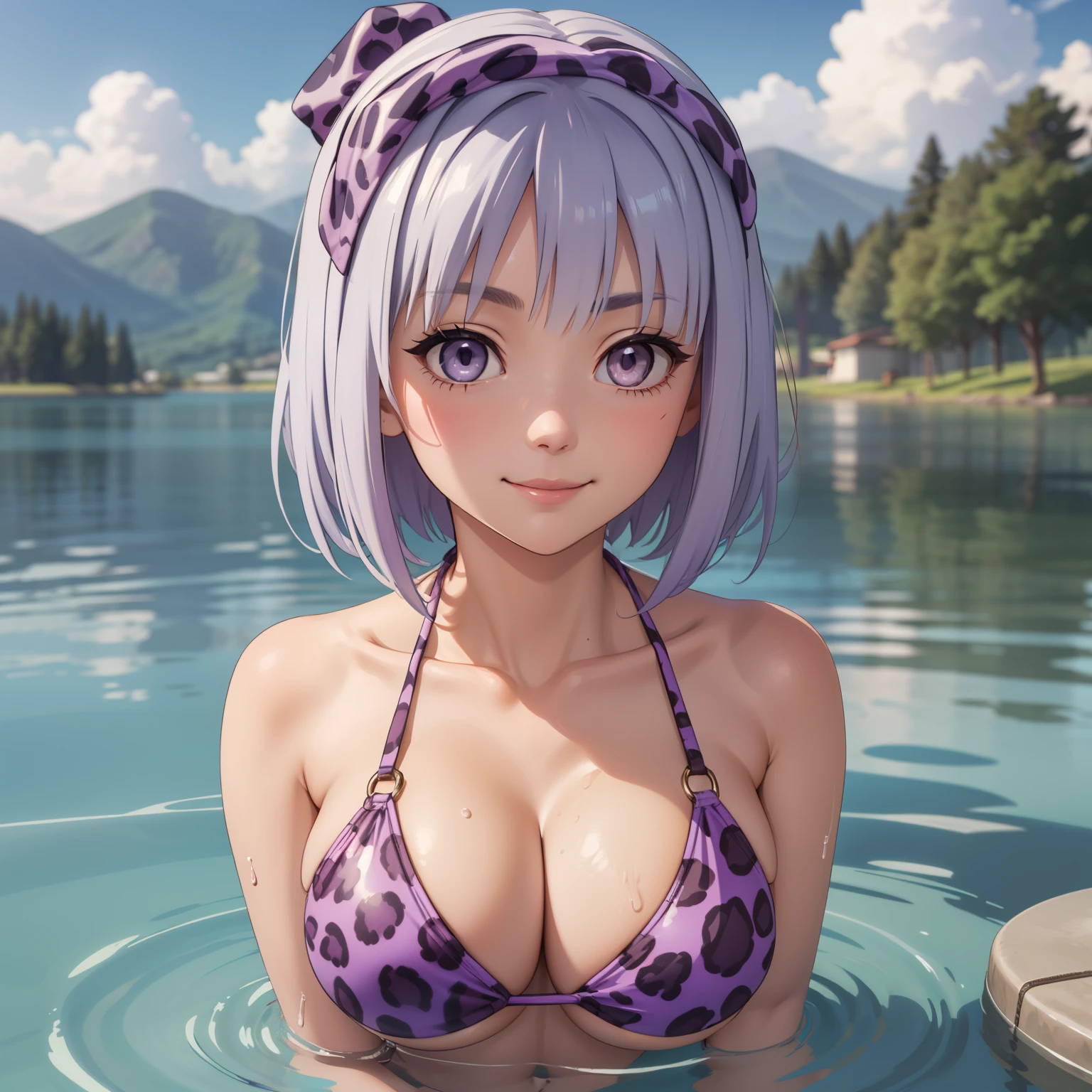 in prison , 35 year old woman, short silver hair. silver eyes, shy smile, big breasts, a violet ribbon on her head, big breastsbare breasts, purple leopard print bikini, he is bathing in a lake.