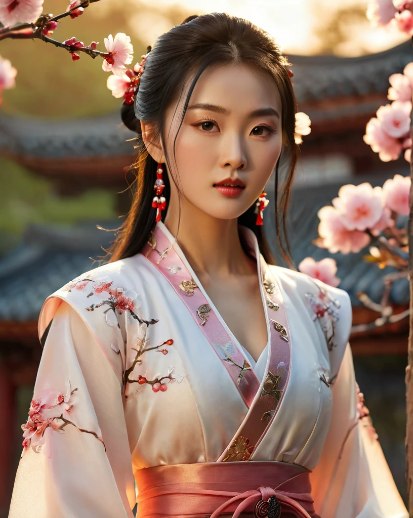 Close-up of beautiful korean female, 31 inch breasts size, wearing luxury white fantasy traditional chinese dress ,   In the ancient peach garden, sunset light,bokeh  background, UHD, Inspired by Xiaolongnü in the movie The Return of the Condor Heroes2,video game style, mortal kombat style