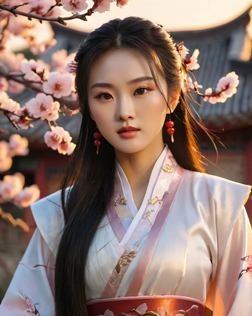 Close-up of beautiful korean female, 31 inch breasts size, wearing luxury white fantasy traditional chinese dress ,   In the ancient peach garden, sunset light,bokeh  background, UHD, Inspired by Xiaolongnü in the movie The Return of the Condor Heroes2,video game style, mortal kombat style