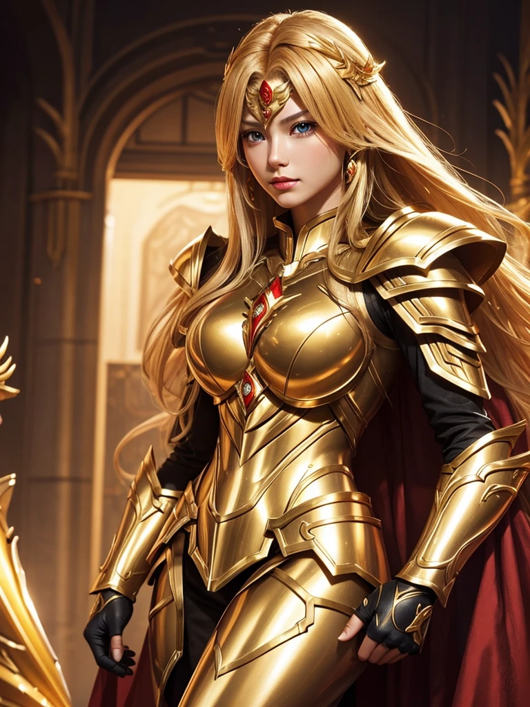 woman with golden skin, golden hair, with metallic armor, gol saint seiya armor, intense but sweet look, red lips,