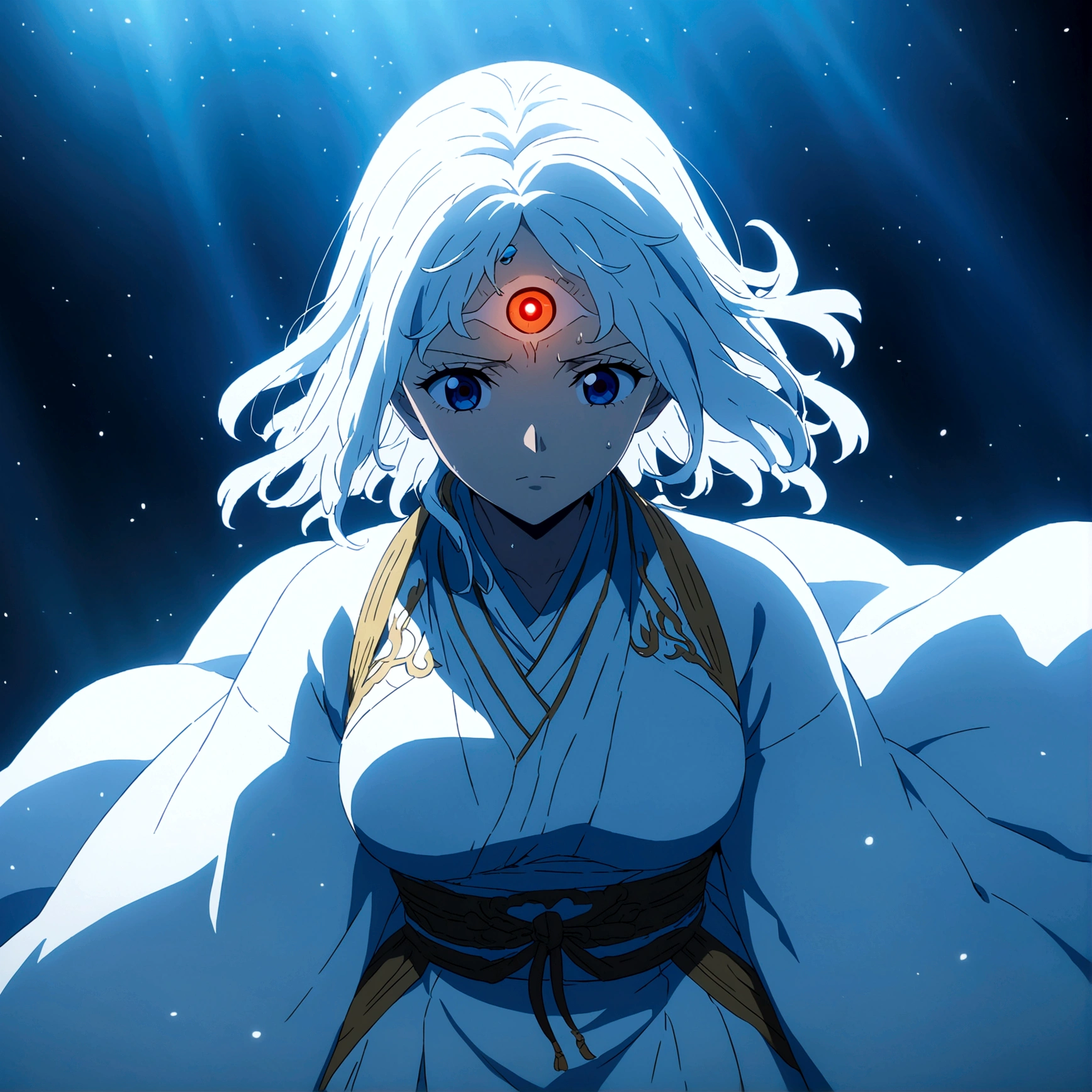 Adult woman, bright light blue eyes, third eye on forehead, long white hair, white Japanese dress from the classical era, cold and focused expression, "One Piece-inspired anime features, drenched in dramatic and incredible lighting, dramatic lighting, infused with creative details, ultra-fine 2D design, scenery bathed in creativity, bathed in creativity, boasting HD anime resolution clarity, HD anime graphics, high-octane rendering"