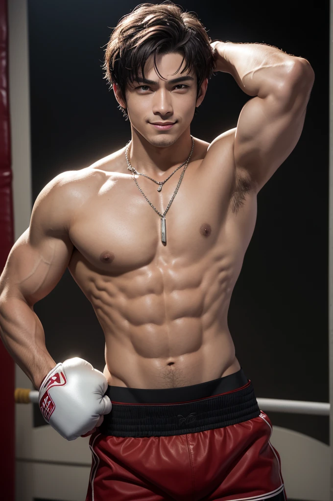 young man,jovial appearance,Muscular and compact body,short gray hair,brown blouse,chort de boxe,stitched leather boxing gloves,innocent smirk,necklace with drop symbol,boxer pose,"anime traits inspired by One Piece, encharcado de dramatic lighting e incrível, dramatic lighting, infused with creative details, design 2D ultrafino, cenário bathed in creativity, bathed in creativity, boasting HD anime resolution clarity, HD anime graphics, high-octane rendering"