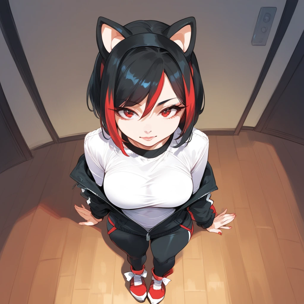 mixed_artwork style, 1 girl, standing alone, hands, Asian, Sonic cosplay, short black hair with red highlights, red eyes, Photography,, View from above