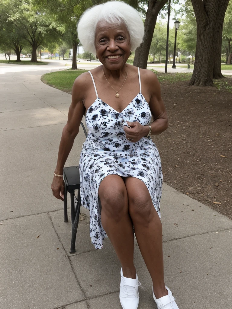 Androeda, solo, realistic, black girl, ((85-year-old girl)), ((mature)), ((old woman)), ((wrinkled woman)), african american old woman, old black woman, dark-skinned, (((upper body and upper legs))), ((outside city park)), ((wide shot)), smiling, wearing white wrap dress, white hair