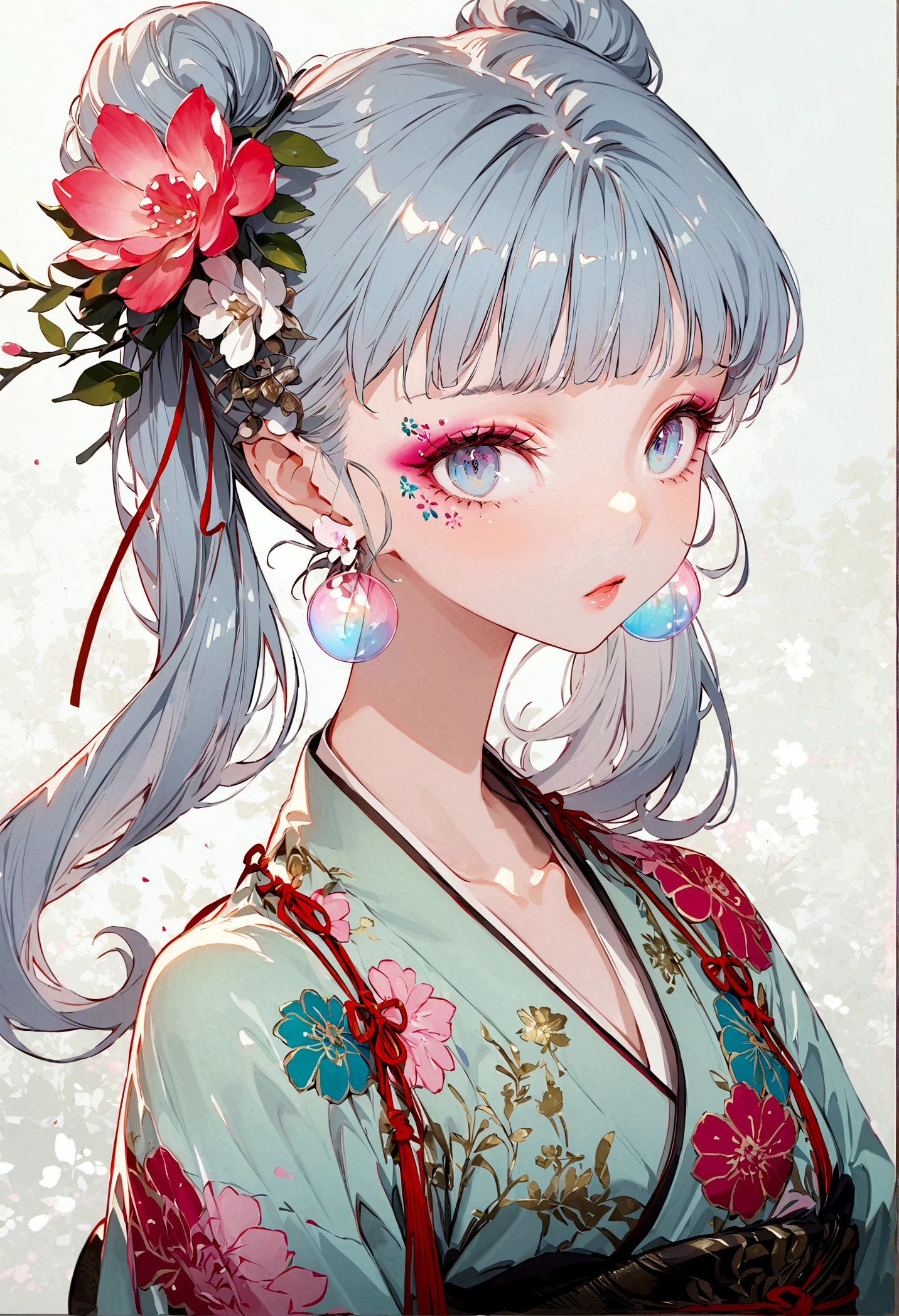 Fire Spirit Portrait, (masterpiece), (best quality), (Extremely detailed),(Disk hair),(illustration), (1 Girl), (Fashion), permanent, fashion model, Looking at the audience, (interview), (Simple background), Beautiful and delicate eyes, Exquisite beauty, floating, (High Saturation), (Colorful splash), Colored bubbles, (shine), Focus on the face, Twin Tails, Kamisato Ayaka, Light blue hair, floating flowers, (shining), Optimal lighting, The best shadow, whole body, Vista,Heavy makeup