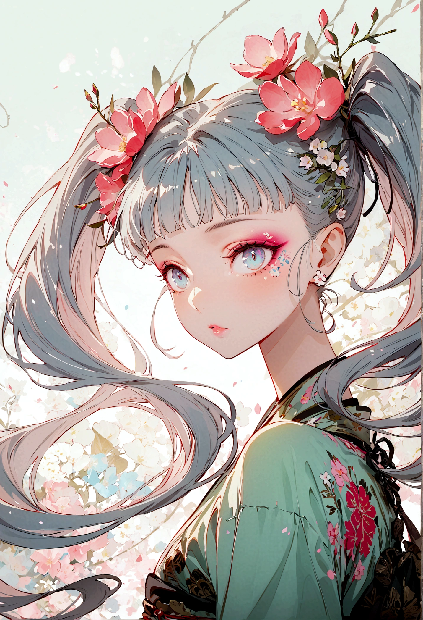 Fire Spirit Portrait, (masterpiece), (best quality), (Extremely detailed),(Disk hair),(illustration), (1 Girl), (Fashion), permanent, fashion model, Looking at the audience, (interview), (Simple background), Beautiful and delicate eyes, Exquisite beauty, floating, (High Saturation), (Colorful splash), Colored bubbles, (shine), Focus on the face, Twin Tails, Kamisato Ayaka, Light blue hair, floating flowers, (shining), Optimal lighting, The best shadow, whole body, Vista,Heavy makeup