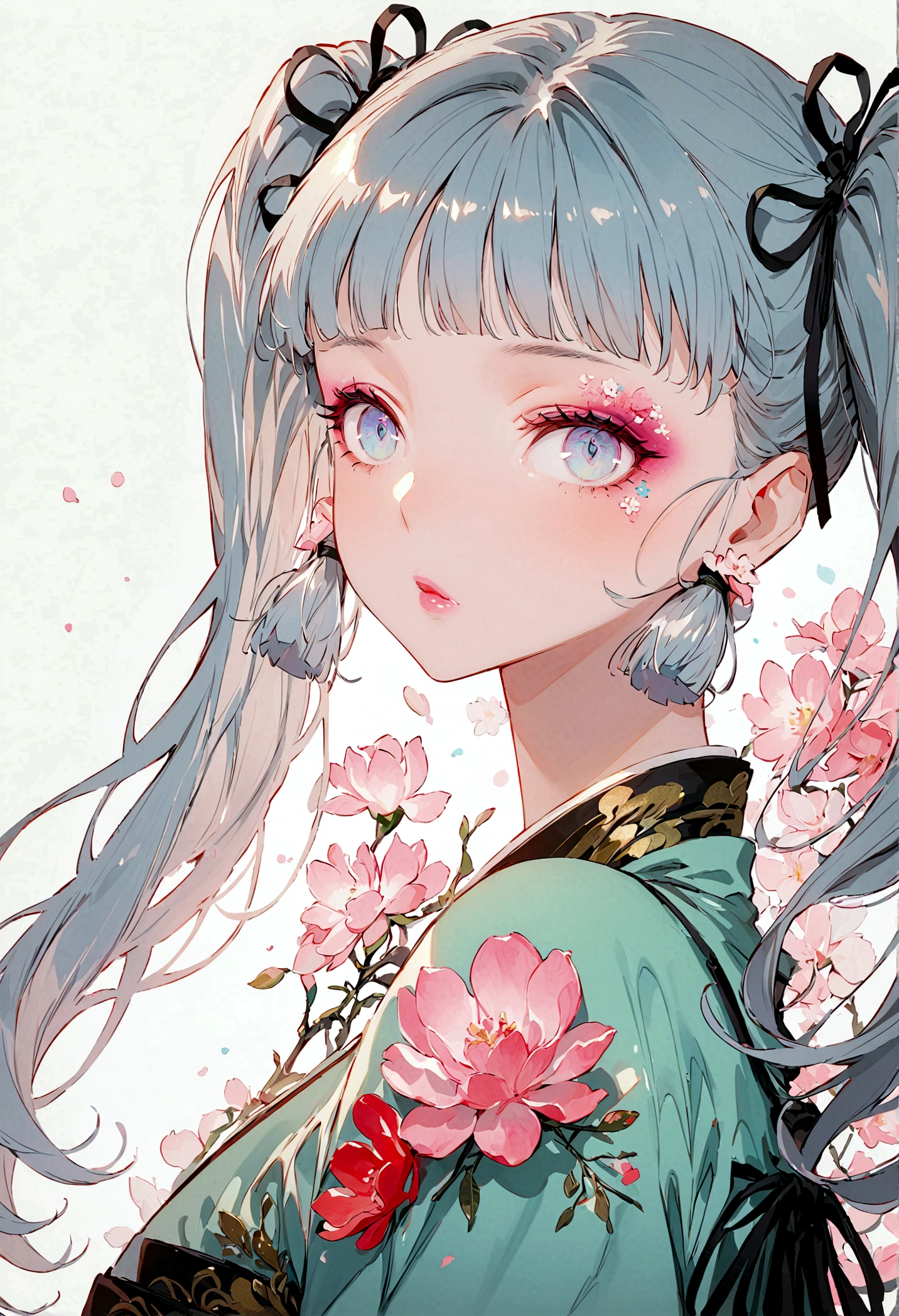 Fire Spirit Portrait, (masterpiece), (best quality), (Extremely detailed),(Disk hair),(illustration), (1 Girl), (Fashion), permanent, fashion model, Looking at the audience, (interview), (Simple background), Beautiful and delicate eyes, Exquisite beauty, floating, (High Saturation), (Colorful splash), Colored bubbles, (shine), Focus on the face, Twin Tails, Kamisato Ayaka, Light blue hair, floating flowers, (shining), Optimal lighting, The best shadow, whole body, Vista,Heavy makeup