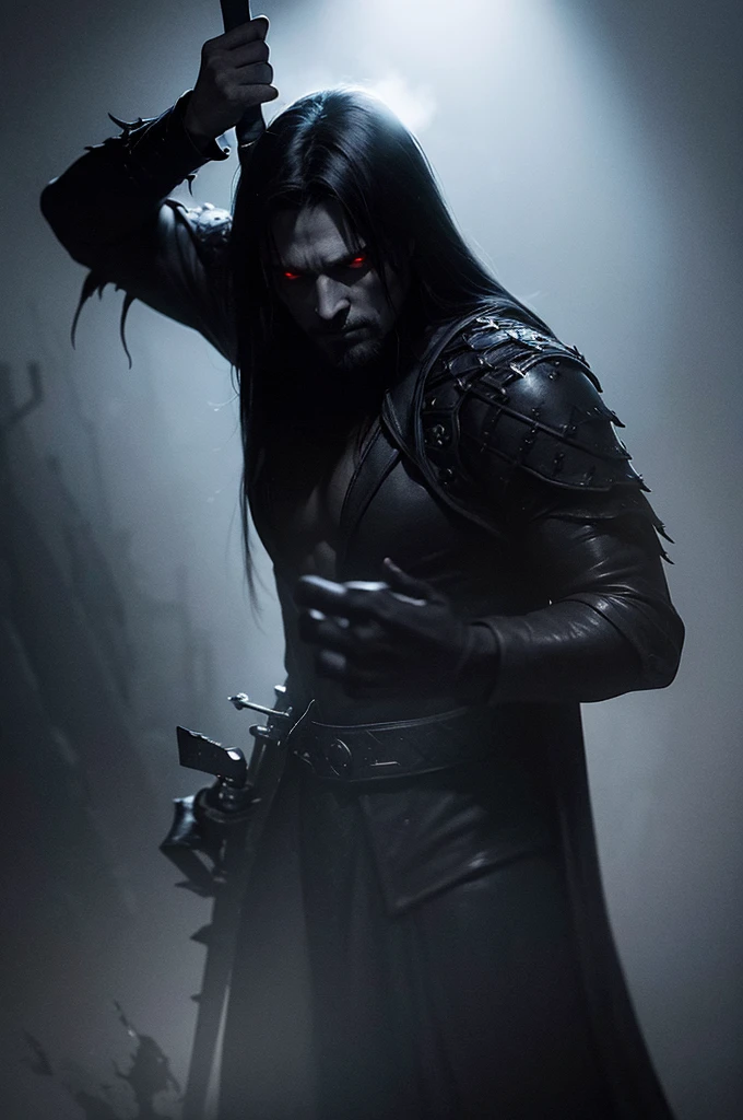 A dark demonic creature, black shadowy figure, holding a sword, dramatic lighting, dark fantasy, cinematic, chiaroscuro, moody, dramatic, highly detailed, 8K, photorealistic