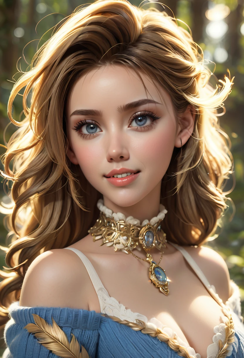 masterpiece, best quality, highly detailed, 1girl, solo, twintails, off-shoulder sweater, choker, large glasses, gold locket, jacket, hairband, looking at viewer, smile, blush, Wide Smile, Eyes Detailed & Wide, sexy Pose. Ultra HD, Rococo-Inspired Fantasy Art With Intricate Details. Cute, Charming Expression, Alluring-Gaze, looking at viewer Beautiful Eyes, An-Ideal-Figure. Large Youthful Well-Shaped-Breasts, Massive-Round-Bosom, Décolletage. slim waist, fit body, full lipsWarm lights , woman in a dreamy forest at night, with fluffy hair, delicate face, realistic, real, slim, large aperture, sexy shots, attractive poses,Stunnin gly beautiful merge of Scarlett Johanson. Alison Brie, Selena Gomez. symmetrical face, photorealistic, photography, path tracing, specular lighting, volumetric face light, path traced hairmaximum quality{(masutepiece) (8K High Resolution) (top-quality) In the style of breath of the wild.
