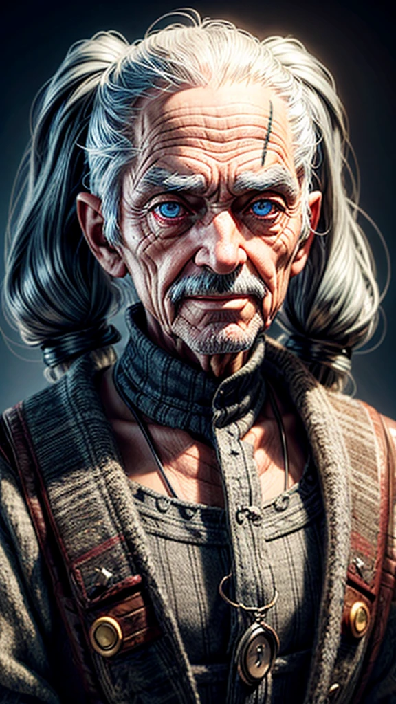 A funny old man with twin tails、Dancing merrily、garden