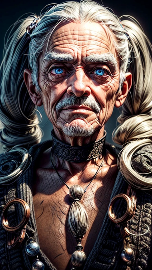 A funny old man with twin tails、Dancing merrily、garden
