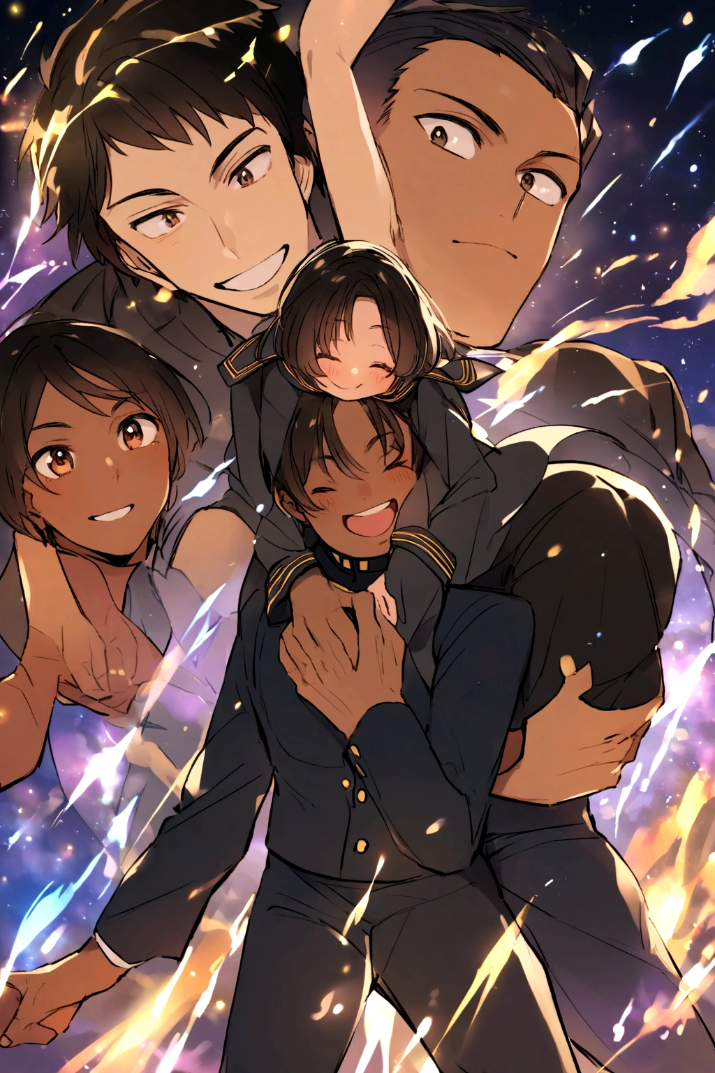A handsome boy with tan complexion and brown black hair wearing a gakuran And next to him was a girl with light skin and black hair wearing a sailor fuku as they ran happily together.