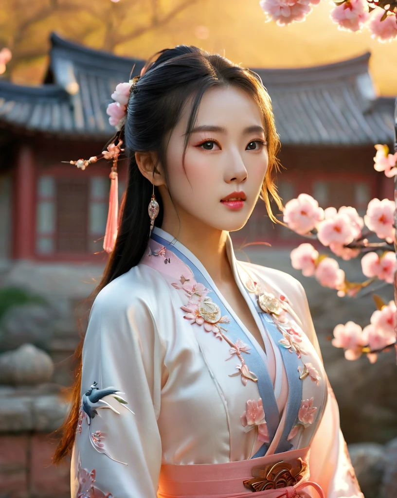 beautiful korean female, 31 inch breasts size, wearing luxury white fantasy traditional chinese dress ,   In the ancient peach garden, sunset light,bokeh  background, UHD, Inspired by Xiaolongnü in the movie The Return of the Condor Heroes2,video game style, mortal kombat style