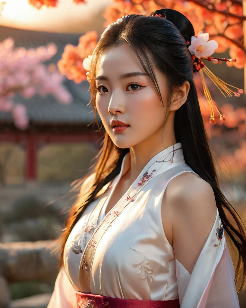 beautiful korean female, 31 inch breasts size, wearing luxury white fantasy traditional chinese dress , In the ancient peach garden, sunset light,bokeh background, UHD, Inspired by Xiaolongnü in the movie The Return of the Condor Heroes2,video game style, mortal kombat style