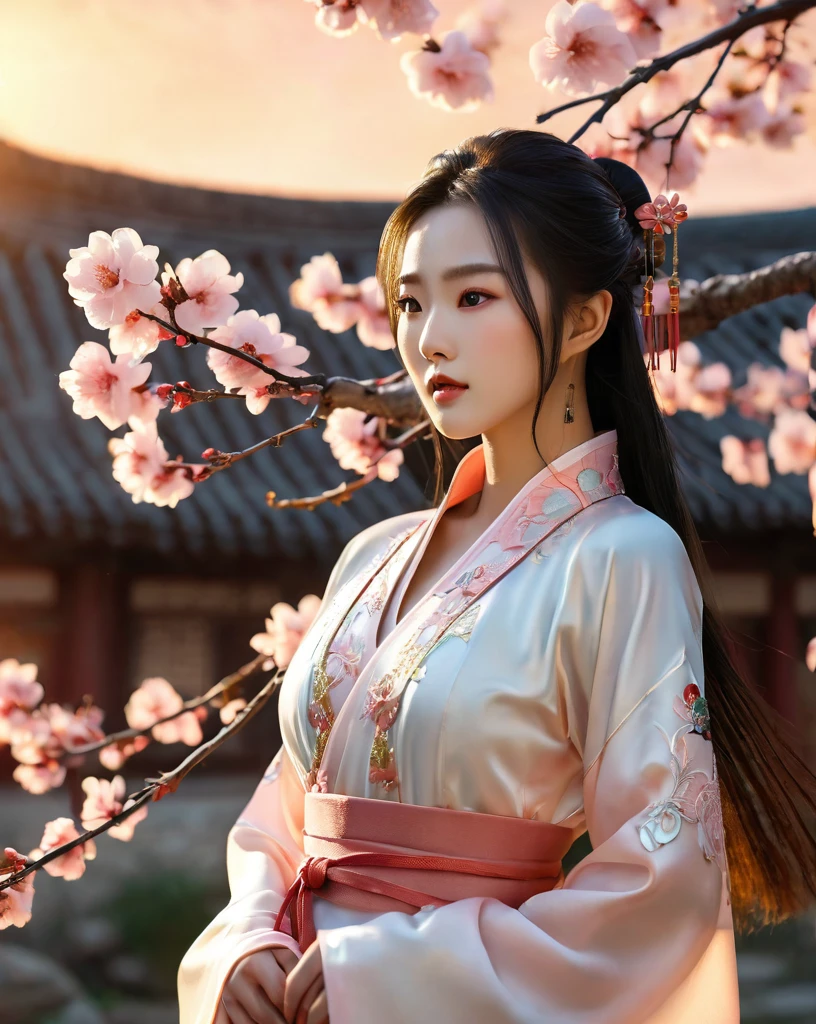 beautiful korean female, 31 inch breasts size, wearing luxury white fantasy traditional chinese dress ,   In the ancient peach garden, sunset light,bokeh  background, UHD, Inspired by Xiaolongnü in the movie The Return of the Condor Heroes2,video game style, mortal kombat style