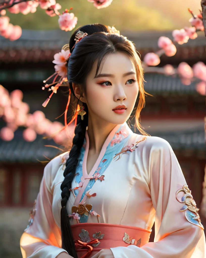 beautiful korean female, 31 inch breasts size, wearing luxury white fantasy traditional chinese dress ,   In the ancient peach garden, sunset light,bokeh  background, UHD, Inspired by Xiaolongnü in the movie The Return of the Condor Heroes2,video game style, mortal kombat style