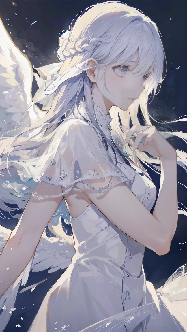 a beautiful angel with flowing white dress, wings spread, hand on hip, side view, (best quality,4k,8k,highres,masterpiece:1.2),ultra-detailed,(realistic,photorealistic,photo-realistic:1.37),HDR,UHD,studio lighting,extremely detailed face and eyes,delicate facial features,long eyelashes,smooth skin,intricate dress folds,glowing skin,angelic expression,sunlight streaming through clouds,simple background, hand behind back