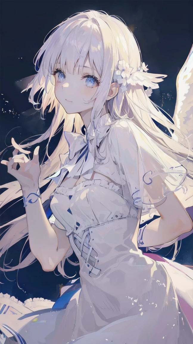 a beautiful angel with flowing white dress, wings spread, hand on hip, side view, (best quality,4k,8k,highres,masterpiece:1.2),ultra-detailed,(realistic,photorealistic,photo-realistic:1.37),HDR,UHD,studio lighting,extremely detailed face and eyes,delicate facial features,long eyelashes,smooth skin,intricate dress folds,glowing skin,angelic expression,sunlight streaming through clouds,simple background, hand behind back