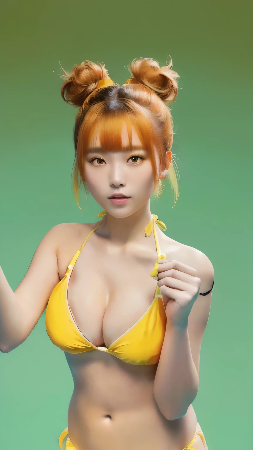 Japanese woman in a yellow swimsuit, A white cloth wrapped around his wrist, (Low saturation orange hair:1.4), (double bun hair:1.5), Two buns hair, Gravure pose, Provocative pose, (There is a giant panda in the background:1.5), , (The bangs are swept to the left and right and flipped outwards.:1.7), (Yellow Bikini:2), Unreal Engine, Photorealistic, Tai Chi、4K, 8K, masterpeace, Detailed Description, Skin texture like a professional photographer's photo, High quality lighting,