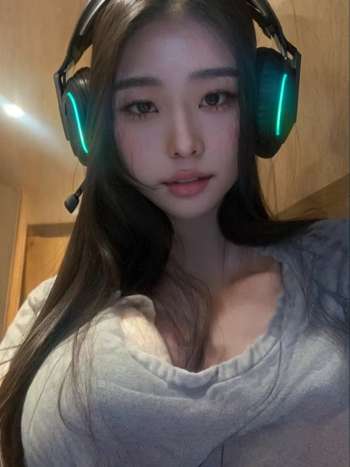 a close-up of a woman with headphones and a gray shirt, 27 years old, 22 years, 28 years old, 23 years, 21 years, Asian girl, 18 years, 29 years, 24 years old, beautiful Asian girl, japanese goddess, Amazing beauty, Amazing beauty