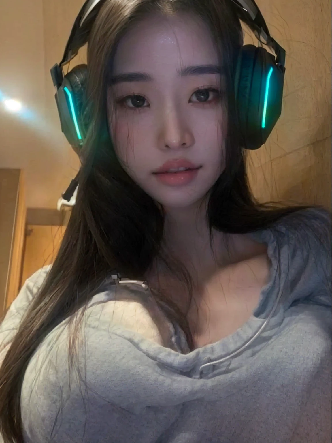 a close-up of a woman with headphones and a gray shirt, 27 years old, 22 years, 28 years old, 23 years, 21 years, Asian girl, 18 years, 29 years, 24 years old, beautiful Asian girl, japanese goddess, Amazing beauty, Amazing beauty