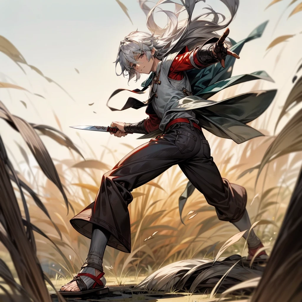 1boy, Full body version, 1character, black eyes color, milk skin, long hairstyle, monolod eyes type, silver colour hair, muscle, Farmer villager clothing style, red color clothing, black pants, white scraf, Ancient roman sandals, vest armors, knife in two hand, Grassroots background in field villager, motion blur, battle gesture