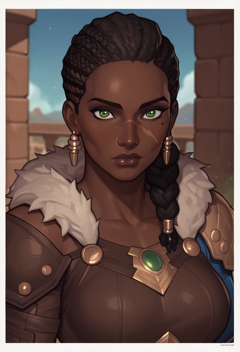 (((beautiful, high quality, perfect eyes, comics style))), upper body, score_9, score_8_up, score_7_up, 1girl, (((mature african woman, +dark skin female:1.1, +dark-skinned))), scar on face,black hair,greeneyes,side braid, leather armor,fur trim, fantasy background, blurred background, easynegative