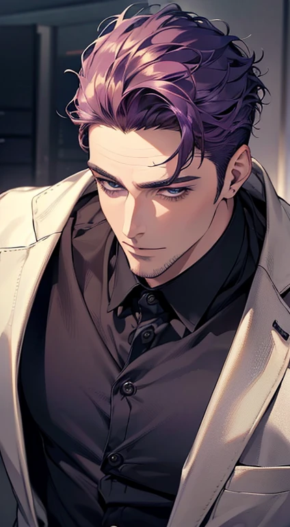 (best quality,4k,8k,highres,masterpiece:1.2),ultra-detailed,(realistic,photorealistic,photo-realistic:1.37),1 man,31 years old,mature man,very handsome,without expression,smile,short purple hair,blue eyes,penetrating gaze,perfect face without errors,imposing posture,businessman,office background,cinematic lighting,hdr image