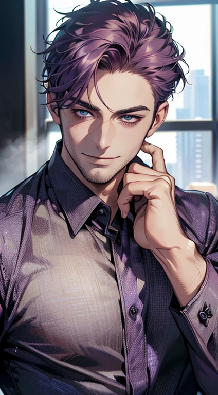 (best quality,4k,8k,highres,masterpiece:1.2),ultra-detailed,(realistic,photorealistic,photo-realistic:1.37),1 man,31 years old,mature man,very handsome,without expression,smile,short purple hair,blue eyes,penetrating gaze,perfect face without errors,imposing posture,businessman,office background,cinematic lighting,hdr image