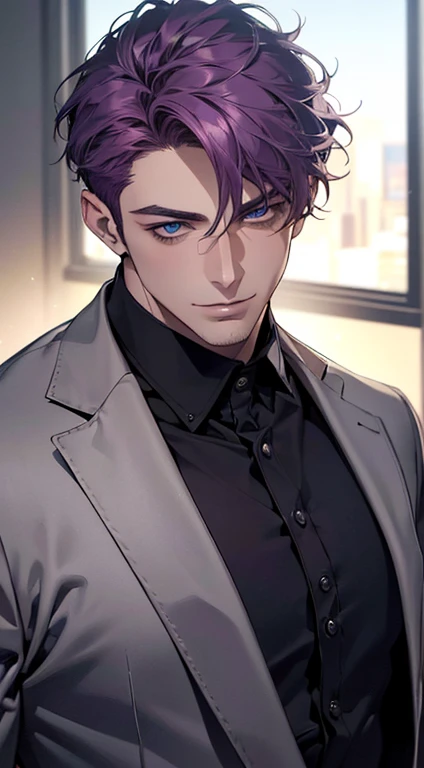 (best quality,4k,8k,highres,masterpiece:1.2),ultra-detailed,(realistic,photorealistic,photo-realistic:1.37),1 man,31 years old,mature man,very handsome,without expression,smile,short purple hair,blue eyes,penetrating gaze,perfect face without errors,imposing posture,businessman,office background,cinematic lighting,hdr image