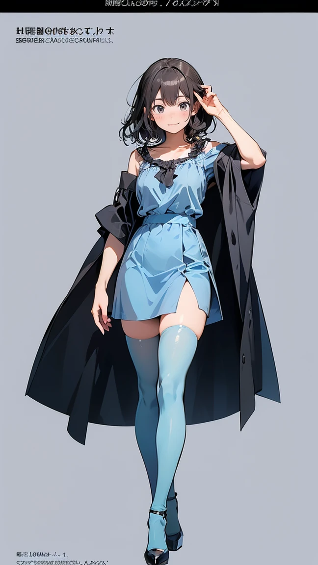 ((masterpiece)),(((Highest quality))),((Character design sheet)),Thin thighs,Long legs,Girl in light blue clothes:1.5，Wearing light blue tights:1.5，The best smile:1.5，Full Body Shot:1.5，Gray background:1.5，Wearing black high heels:1.5，short side wave:1.5，