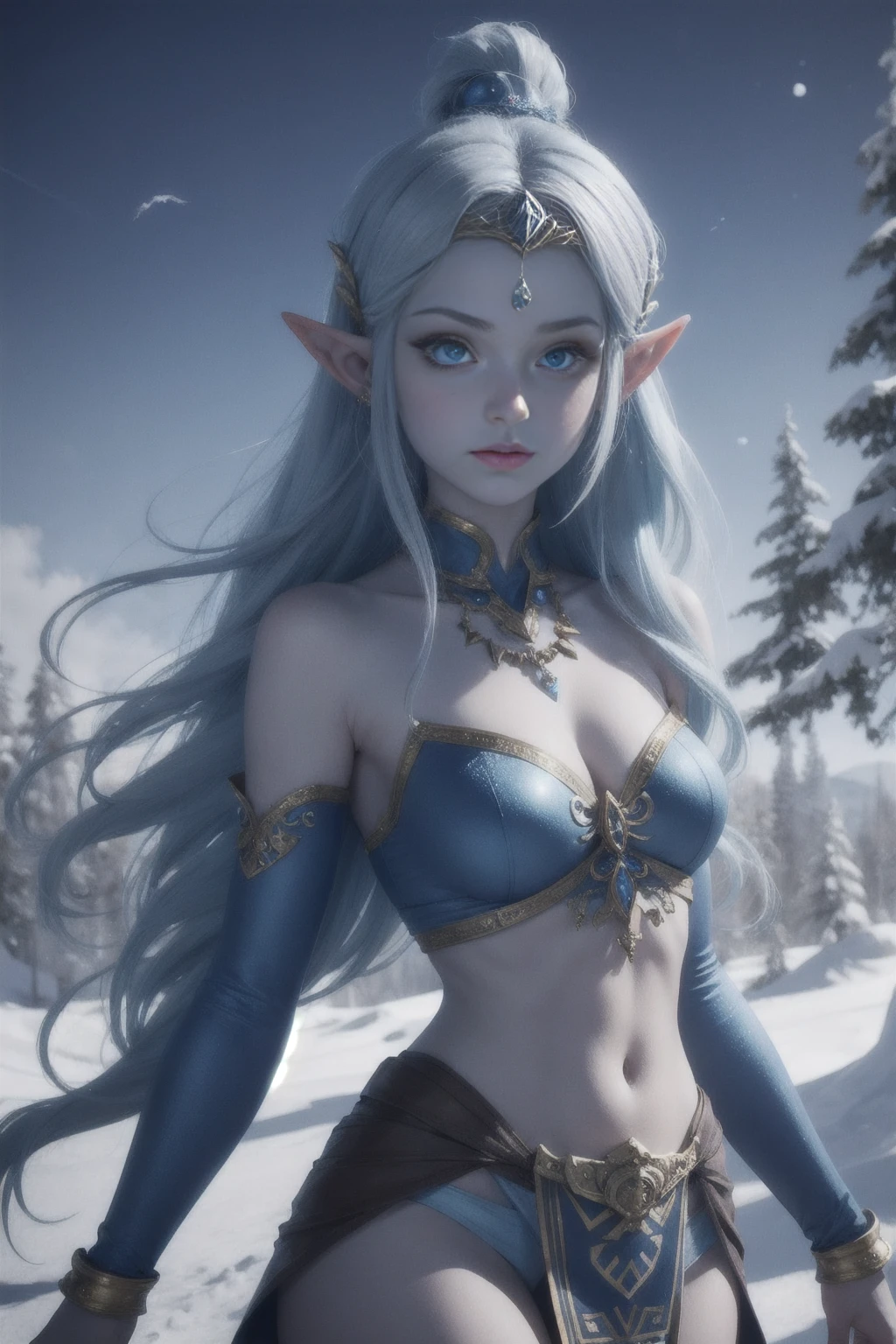 Blue skin, Frozen, Princess Zelda , rare, ice maiden, shiva loincloth armor, beautiful women, long icy hair, icy eyes, blue skin, winter village
