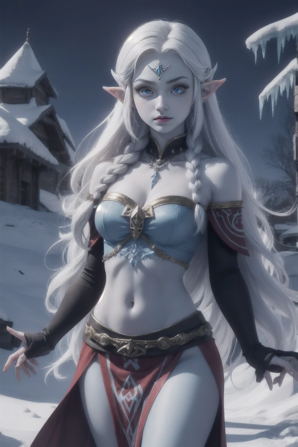 Blue skin, Frozen, Princess Zelda , rare, ice maiden, shiva loincloth armor, beautiful women, long icy hair, icy eyes, blue skin, winter village