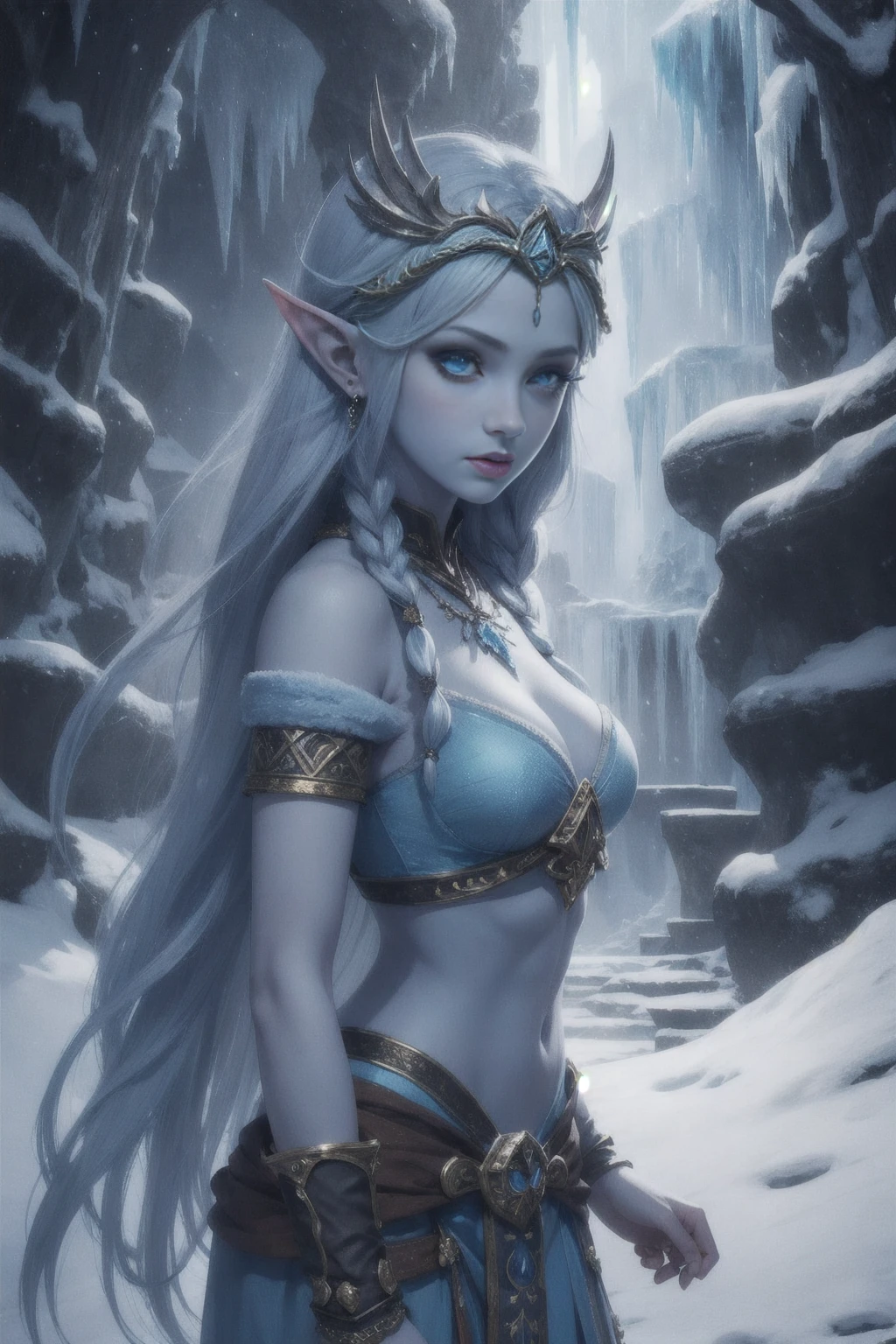 Blue skin, Frozen, Princess Zelda , rare, ice maiden, shiva loincloth armor, beautiful women, long icy hair, icy eyes, blue skin, winter village