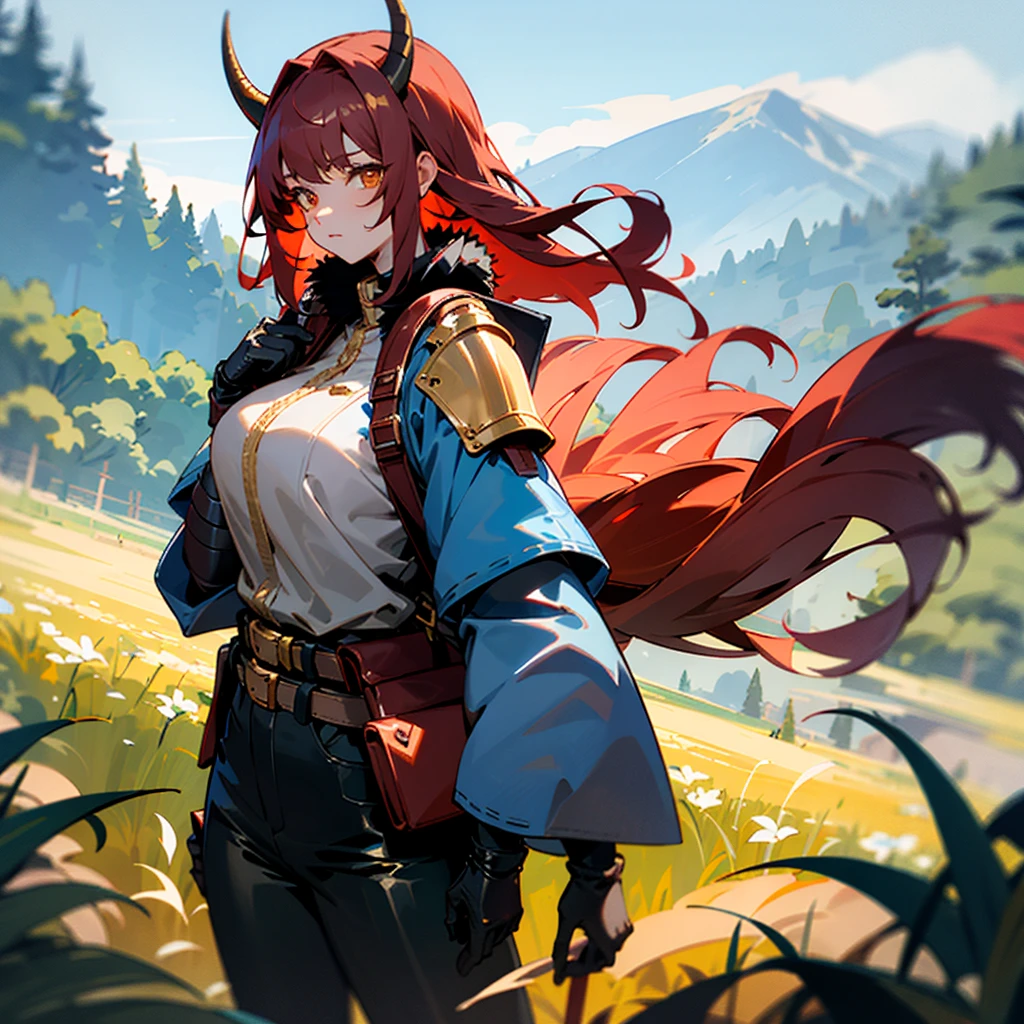 One young Korean woman with golden eyes and lush red hair and large horns, wet bronze skin, huge chest, wearing a blue coat with black fur and rolled up sleeves, steel silver heavy armor, wide leather red belt with large gold yarn, leather black pants, leather gloves, a hiking backpack, stands in the middle of a meadow blooming with flowers against the backdrop of high mountains and forests, not two characters,