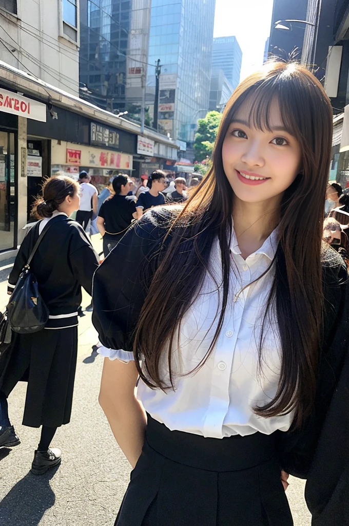 ultra best quality、masterpiece、超A high resolution、(Photorealsitic:1.4)、the Extremely Detailed CG Unity 8K Wallpapers、Detailed and complex、original、hight resolution、Raw foto、(perfect body type)、Detailed and complex,、Digital SLR、softlighting、hightquality、film grains、depth of fields、fujifilmxt3、50MM lens、back lighting、HDR、hyper realstic、Color Grade、dynamicposes、portlate、japanes、a smile、s lips、bangss、(Crowded Akihabara:1.2)、Front view View viewer、natural soft light、girl with、20yr old、full bodyesbian、solo、 pupils、sailor collar、Bobby Socks、pleatedskirt、daytime、in a street、deep-shadows、cute little、Beautie、Unobtrusive、Cold light 12000K \\ a street、The state of the store、akihabara、shinjuku、shibuya、Ikebukuro、Detailed Realistic、detaileds、Skin texture、Ultra-detail、realistic skin textures、(Dramatic、awardwinning photo、Incredible masterpiece:1.3)