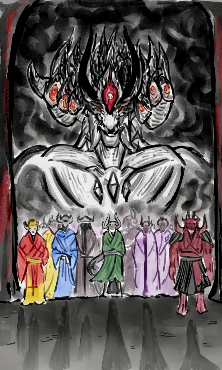 Illustration of a group of people standing in front of a huge demon, Devil Portrait, Inspired by Toshusai Sharaku, demonic robes, ancient demon summoning, King of Devils, Inspired by Ryūkōsai Jokei, Inspired by Kaigetsudo Andi, Inspired by Mei Yuxuan Yongchun, a large amount of black water，Gushing out from the gate of life and death。In a flash，The surrounding mountains were flooded.，The soul water is flowing in a radius of thousands of miles，It became a black sea.。The next moment, a huge amount of black water of souls rushed up into the sky.，Transformed into a giant monster a thousand feet tall - Ghost Demon Lord!Ghost Demon Lord&#39;s Chest，Already towering into the sky，He is on par with the sky!
His head，There are three。The front head has dragon horns、Lion&#39;s Mane、Snake pupil、ivory。The head on the left is a peach forehead、Grass hair、Three eyes like a flower。The head on the right has cloud sideburns、Electric eye、Fire ears、Chrysostom。He has a thousand arms，Five hundred on the left，Five hundred on the right。Pitch black as ink，Muscle development，Hard lines，The devilish spirit。