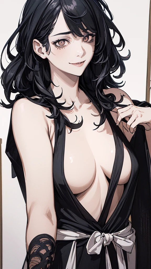 Best Quality, (background detail), high contrast, very beautiful woman, detailed original illustration, functional, ninja, ninja costume, black hair, delicate face, charm, bad girl, sexy, real breasts, crazy smile, crazy eyes, black background, (black background: 1. 5), beautiful line drawing, monochrome