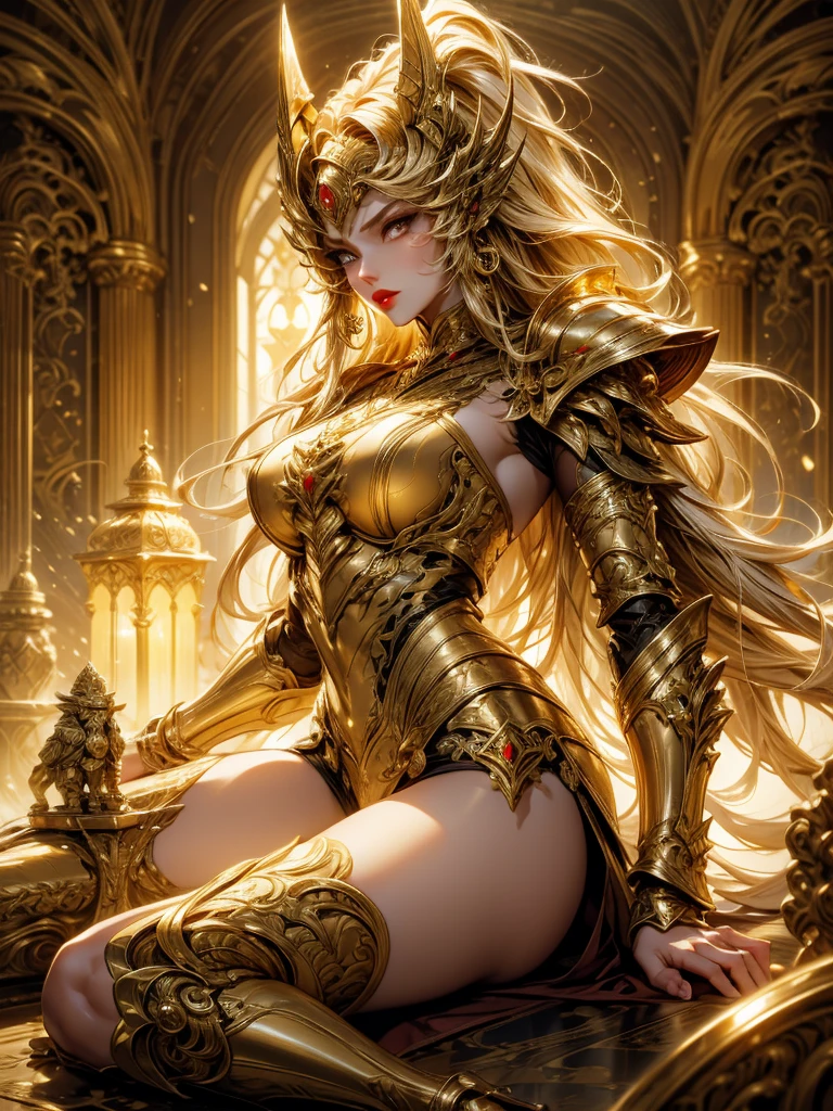 woman with golden skin, golden hair, with metallic armor, gol saint seiya armor, intense but sweet look, red lips,