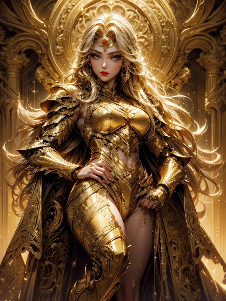woman with golden skin, golden hair, with metallic armor, gol saint seiya armor, intense but sweet look, red lips,